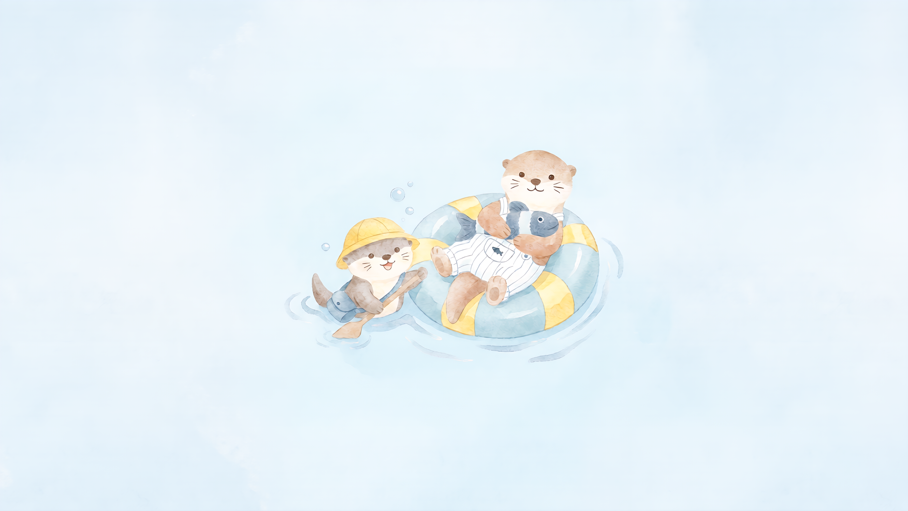 Two otters on a small inflatable ring against a light blue background